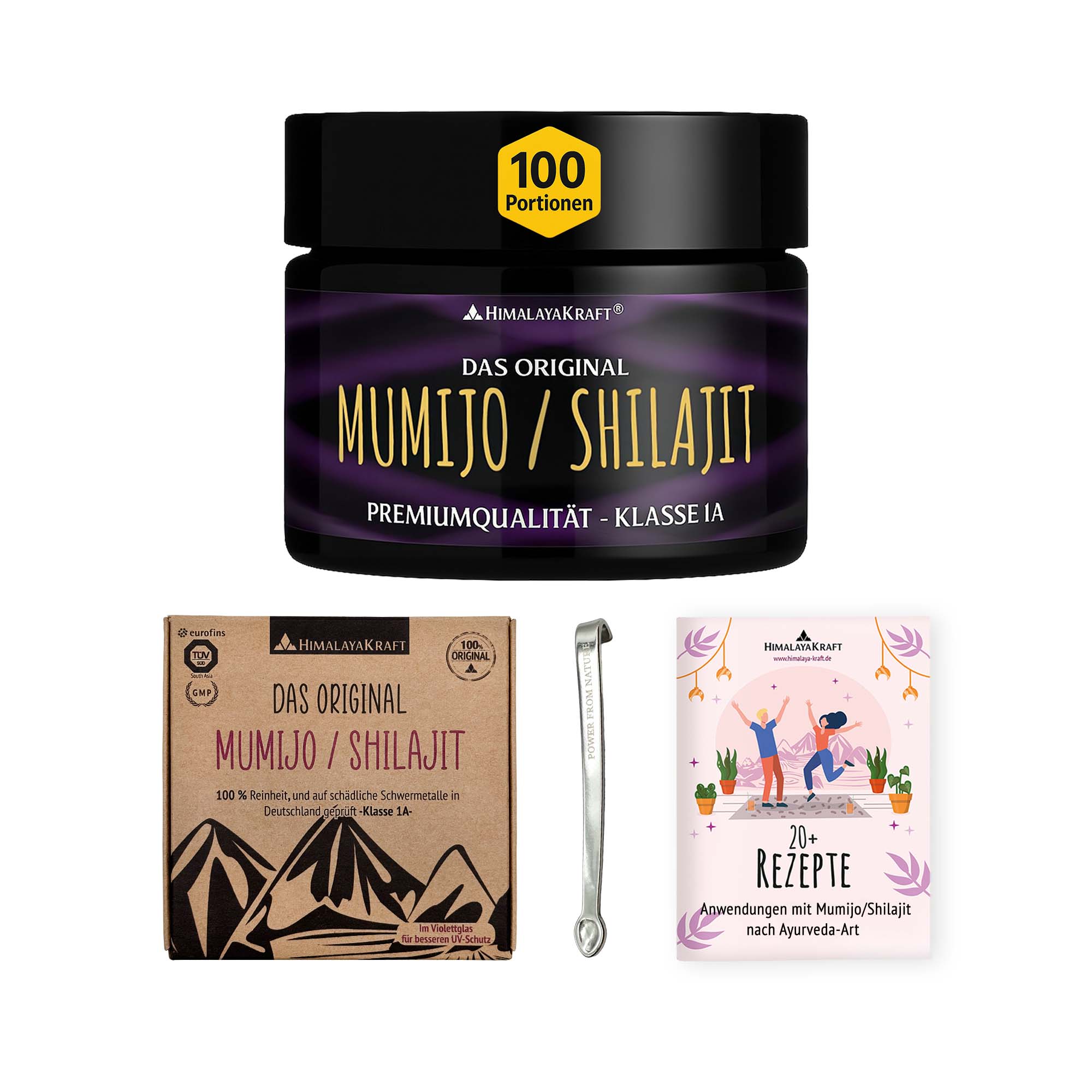 ein 30‑g Shilajit‑Glas vor weißem Hintergrund inklusive Dosierlöffel und Rezeptheft