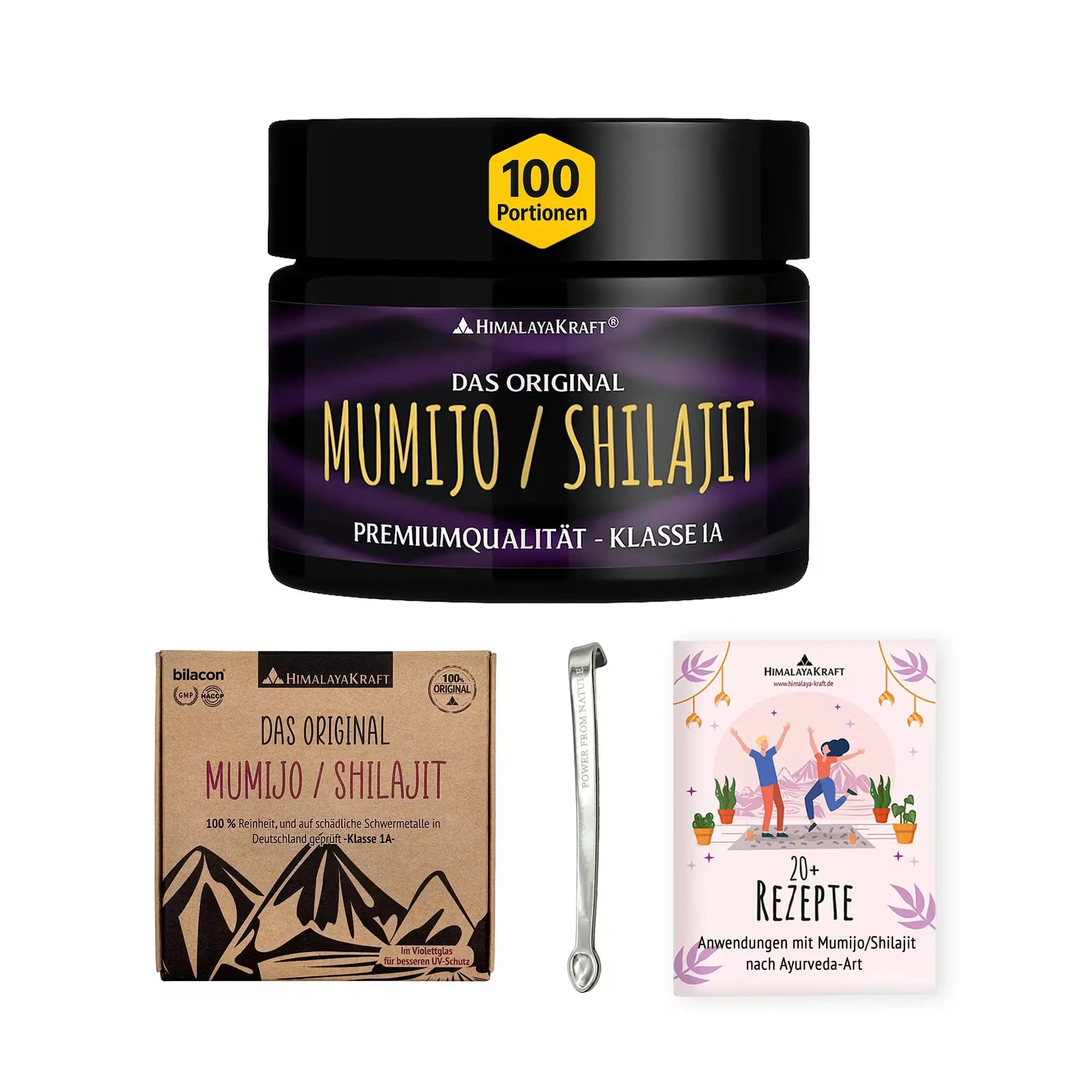 HimalayaKraft Mumijo Shilajit Harz im UV-Schutzglas mit Verpackung, Dosierlöffel und Rezeptheft.