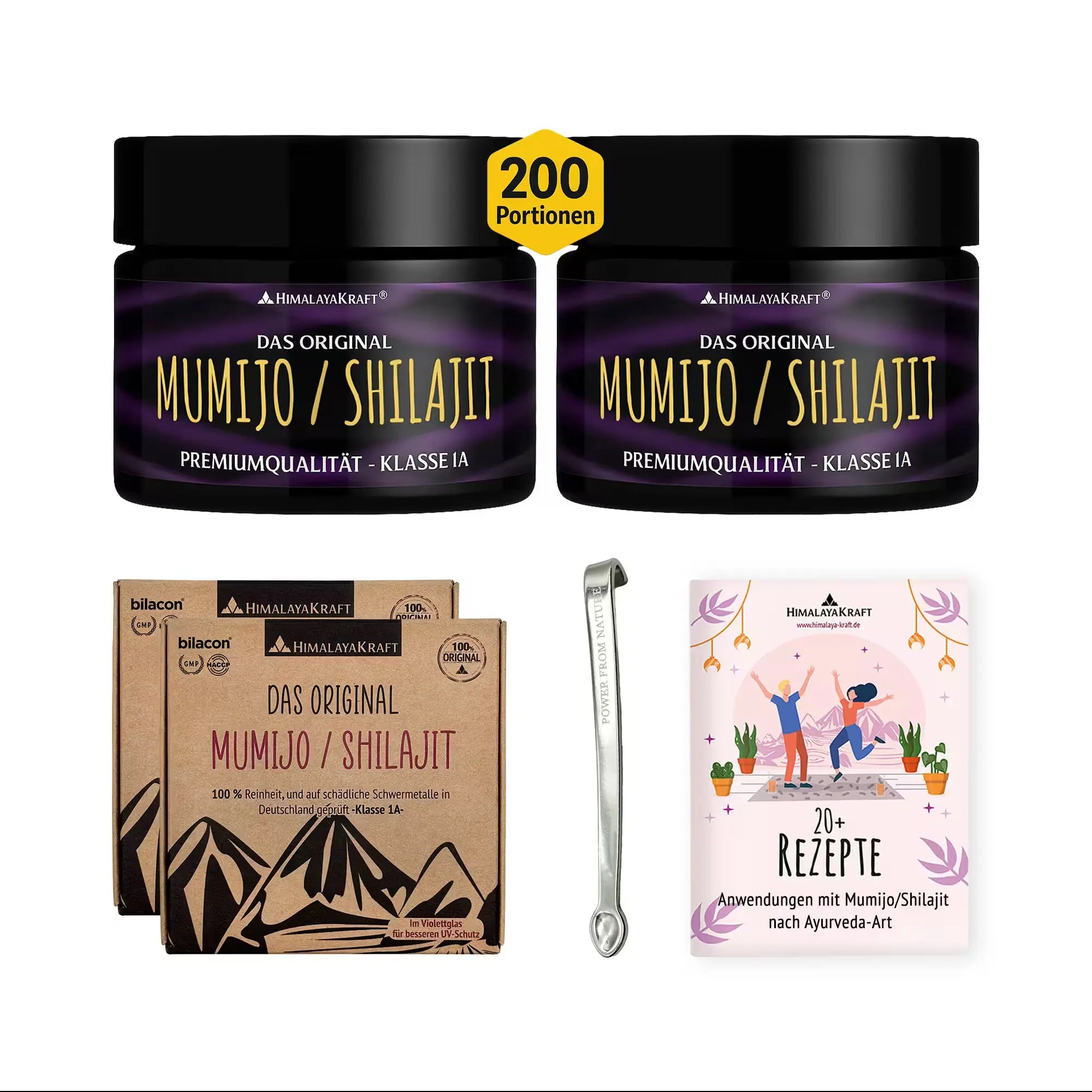 HimalayaKraft Mumijo Shilajit Harz im UV-Schutzglas mit 2 Verpackungen zu je 30 g, Dosierlöffel und Rezeptheft.