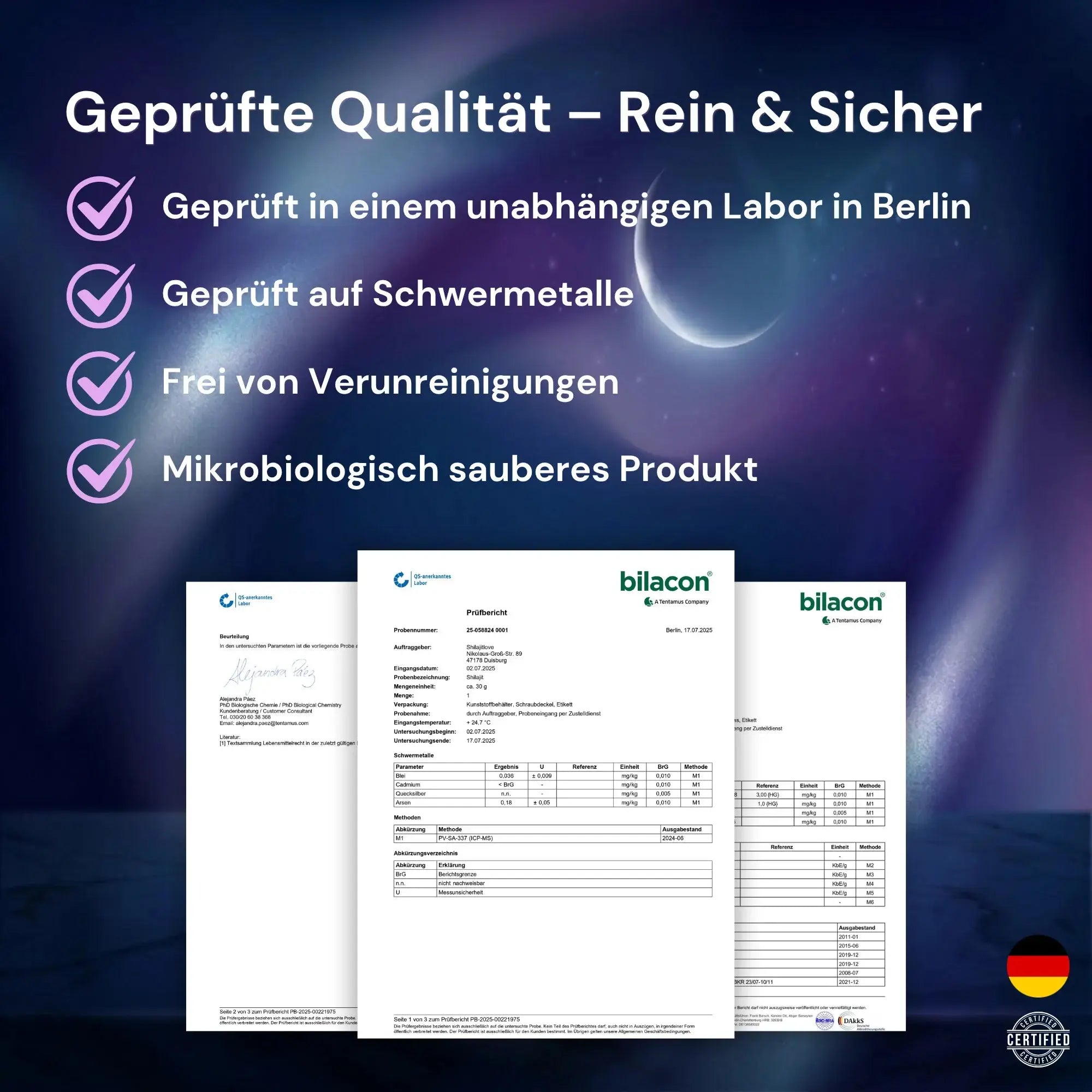 Unabhängige Laborprüfungen und Zertifikate von Bilacon für das reine shilajitlove Mumijo auf Schwermetalle.