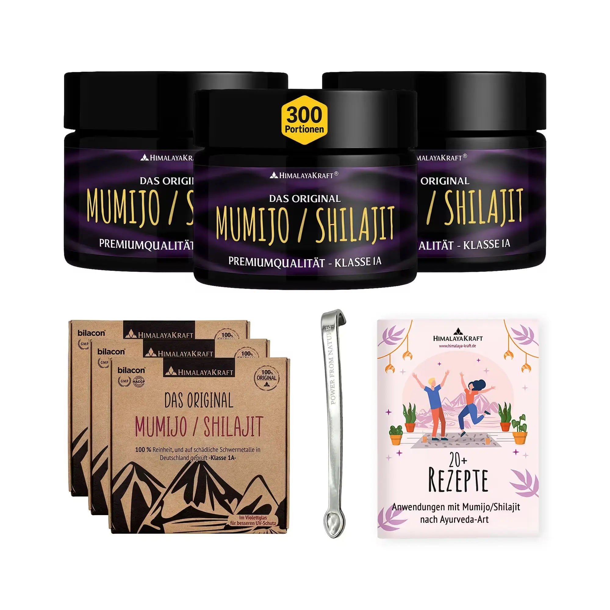 HimalayaKraft Mumijo Shilajit Harz im UV-Schutzglas mit 3 Verpackungen, Dosierlöffel und Rezeptheft.