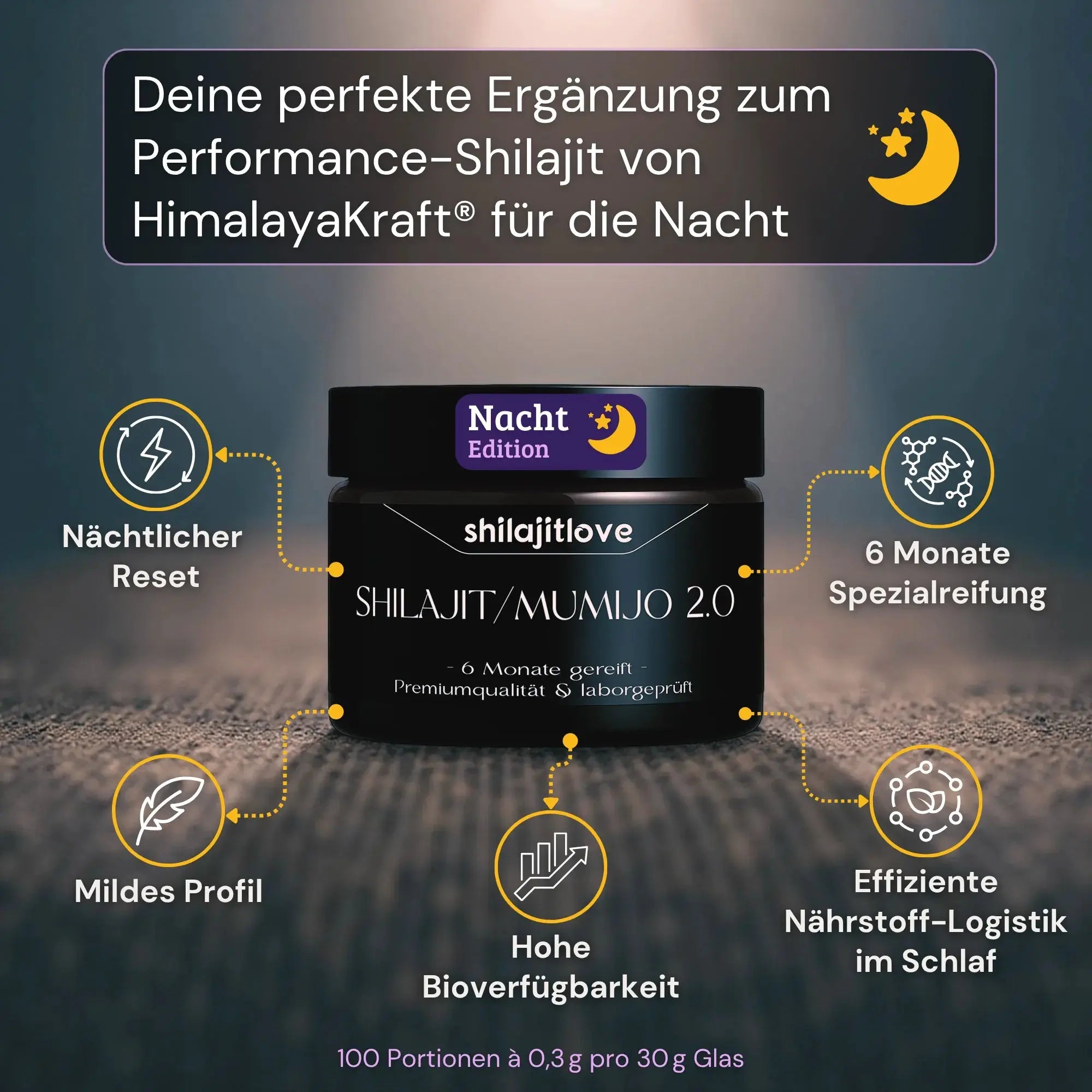 Eigenschaften von HimalayaKraft shilajitlove 2.0 mit hoher Bioverfügbarkeit für den nächtlichen Reset.