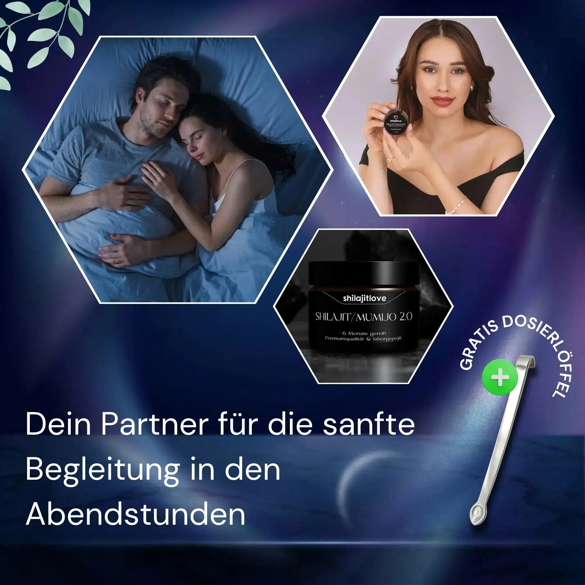 shilajitlove Nacht-Edition als sanfte Begleitung in den Abendstunden für erholsamen Schlaf mit gratis Dosierlöffel.