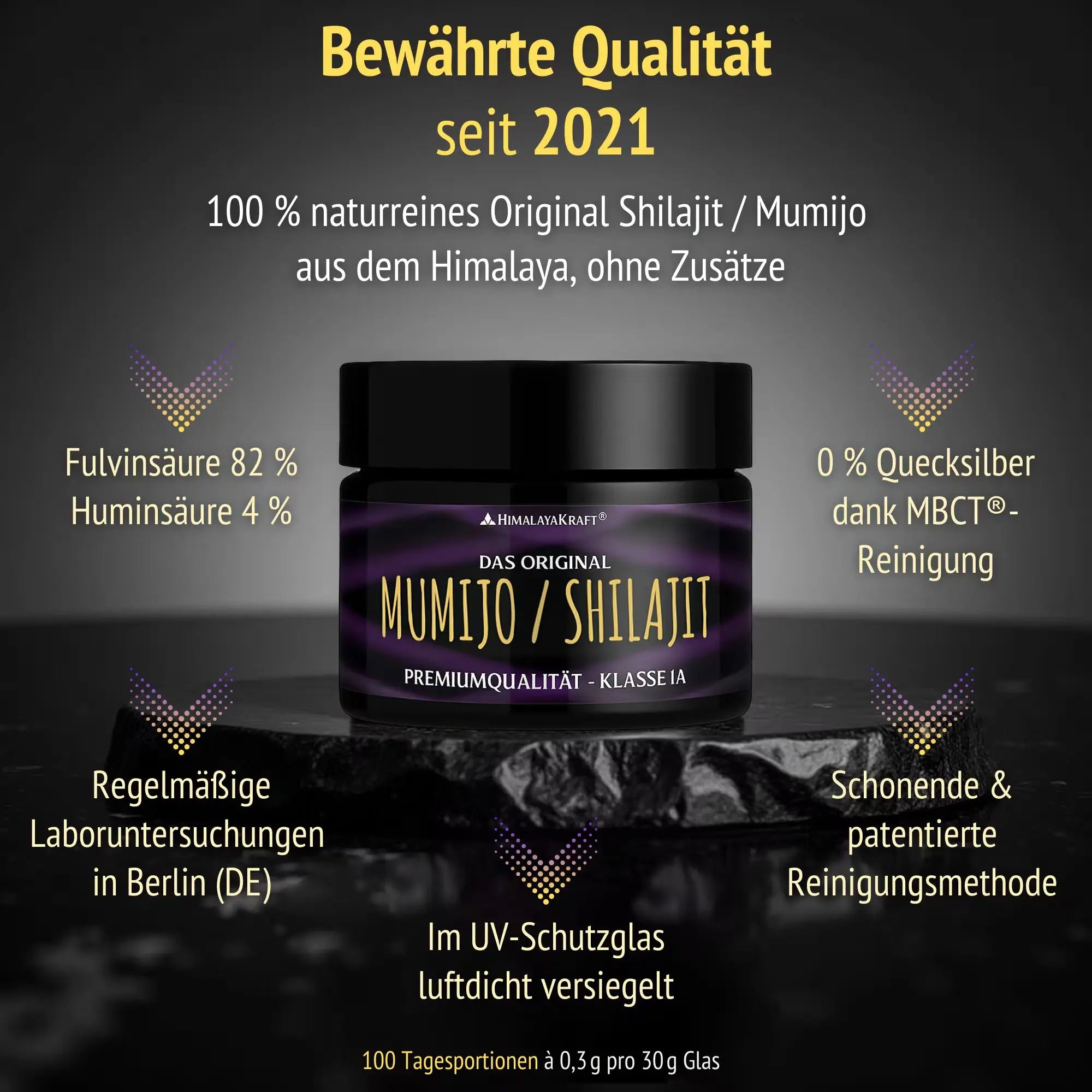 100% naturreines Original Shilajit Harz von HimalayaKraft im UV-Schutzglas mit Angabe der Fulvinsäure 82 % und Huminsäure 4 %.