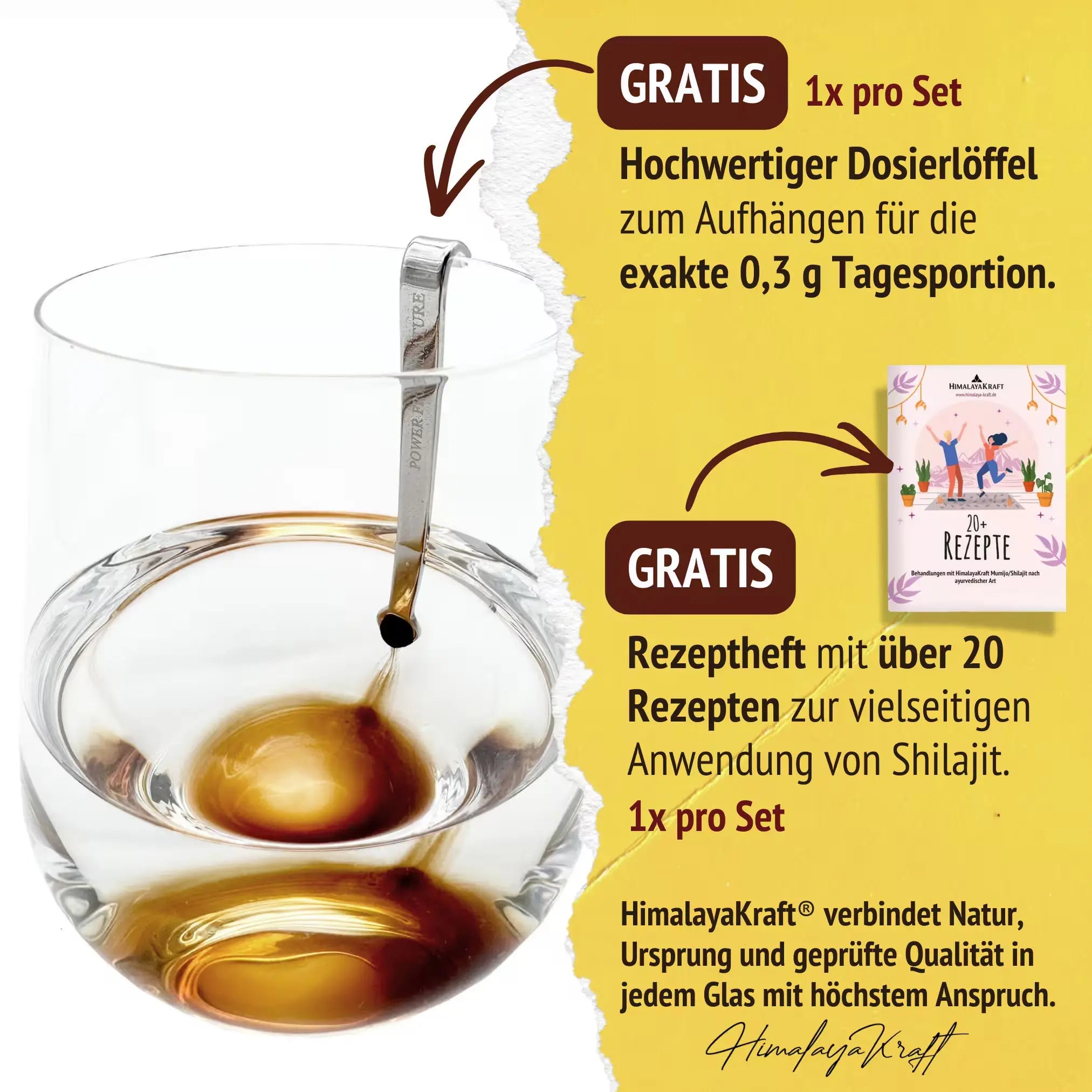 Anwendung von Shilajit Harz aufgelöst in einem Glas Wasser mit gratis Dosierlöffel und Rezepte-Booklet.