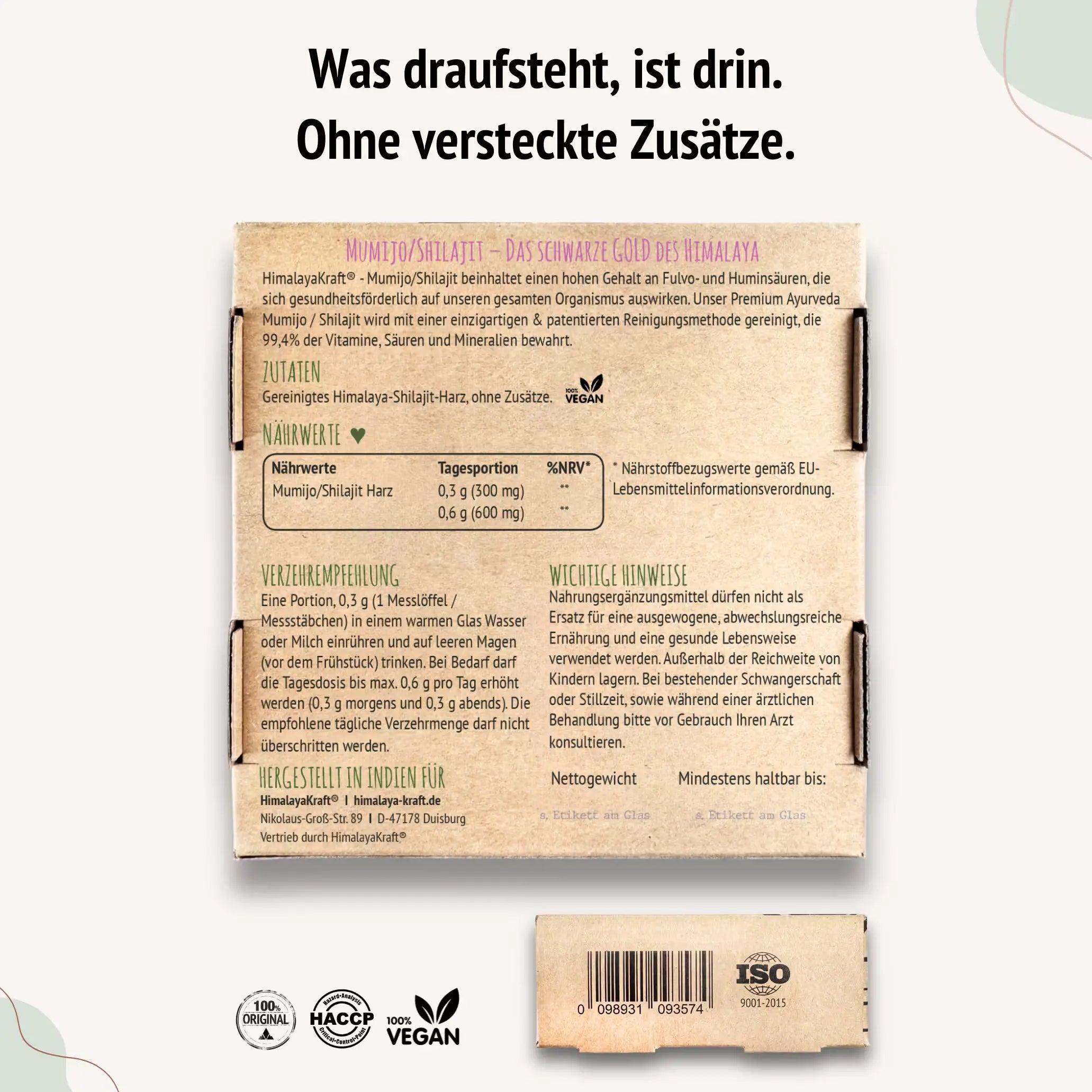 Nährwerttabelle und Verpackungsrückseite von reinem Shilajit Harz ohne versteckte Zusätze oder Füllstoffe.