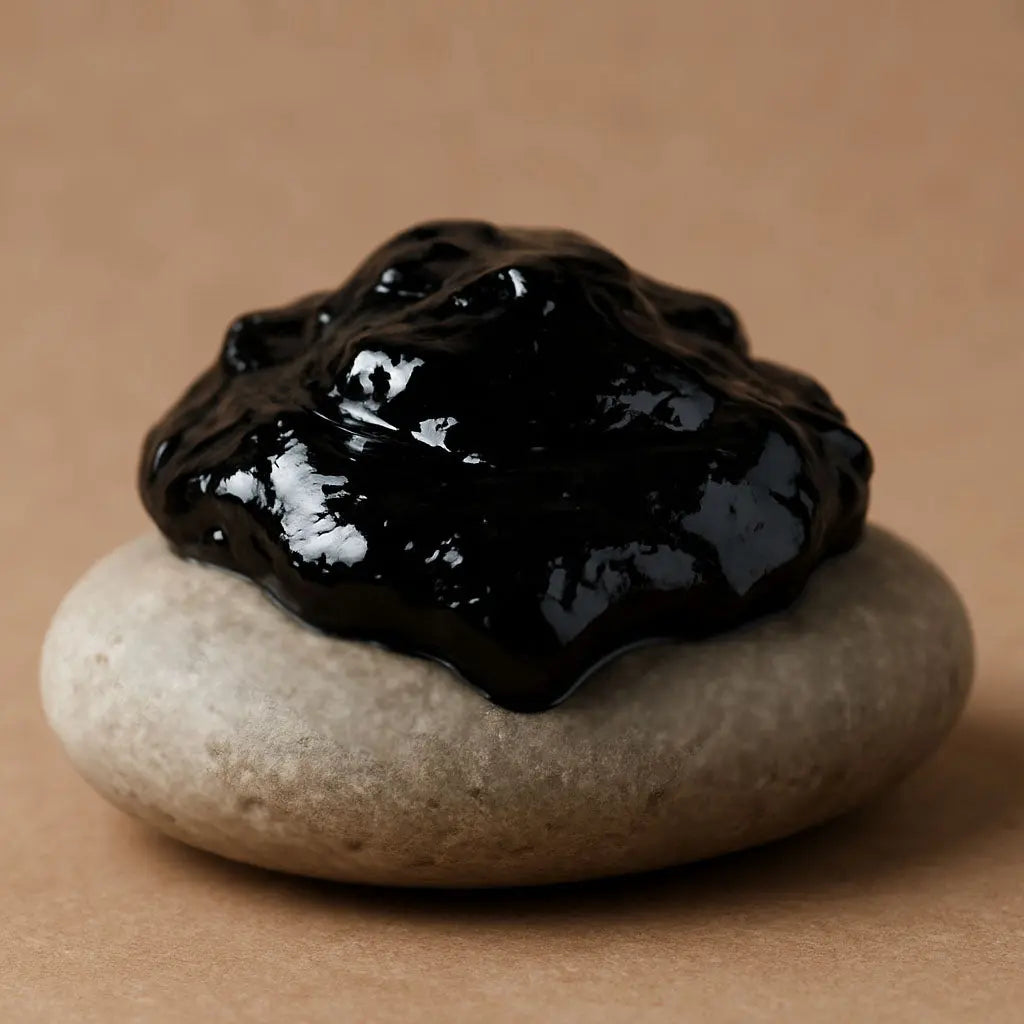 Dunkle, glänzende Shilajit-ähnliche Masse auf einem glatten, hellen Naturstein