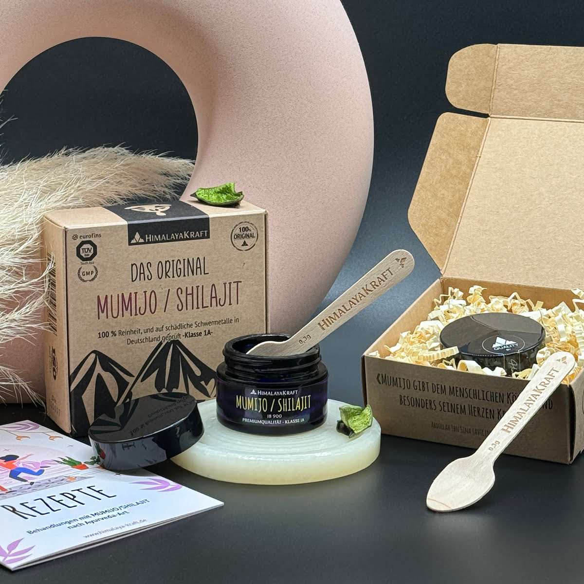 Shilajit-Dose vor dunklem Hintergrund, daneben ein Rezeptheft und natürliche Dekoration.